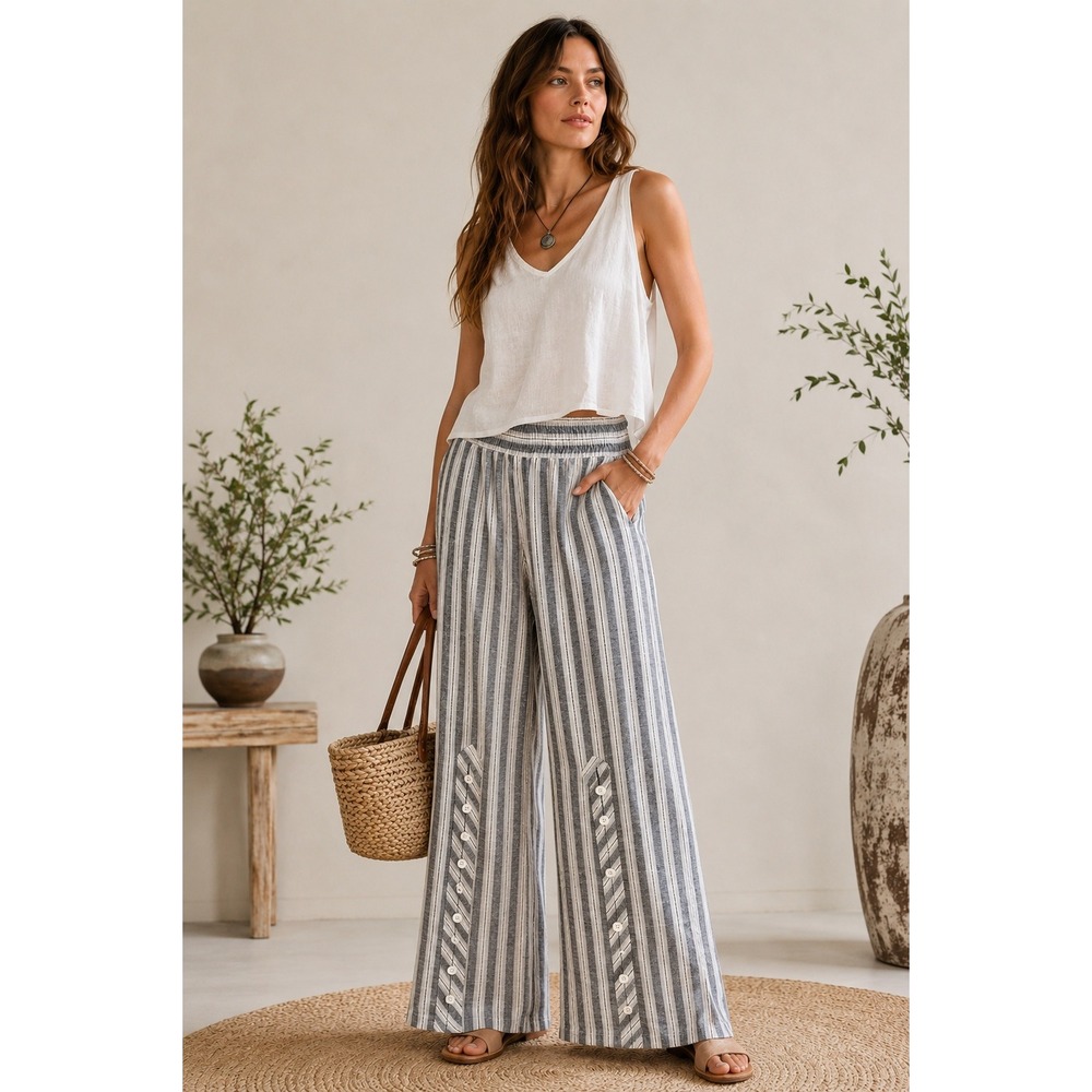 Drew Knox Linen Blend Striped Wide Leg Pants Button Detail NWT Size XS